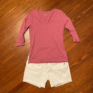 LOFT V-Neck 3/4 Sleeve Sunwashed Tee Pink
